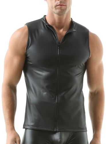 Chaleco sin Mangas de Piel Sintética para Hombres - Estilo Wet Look con Cordón