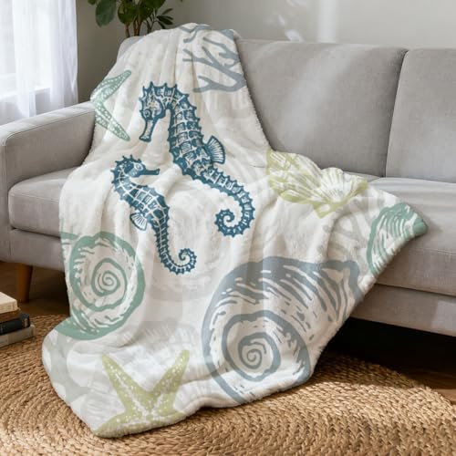 Hobbspring Soft Thick Fleece Blanket Sea Horse Conch Marine Animals Blankets for Couch Fibre Men Women Warm Decorative Fuzzy Blanket Travel Home Office School(Blue Green)