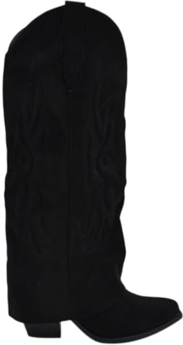 Stivali camperos Donna camoscio Nero a Punta al Ginocchio con para Risvolto Modello Shark Tacco Cono 6 cm Moda (40 EU)