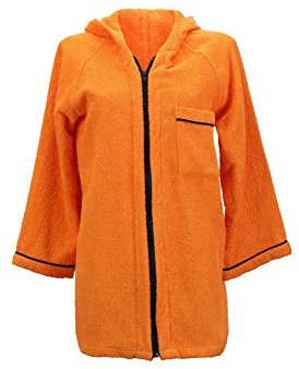 Lady Bella Lingerie Damen-Bademantel mit Kapuze aus reiner Baumwolle – praktischer Reißverschluss – kurzes Modell mit hoher Saugfähigkeit, ideal für Fitnessstudio und Pool (orange, groß)