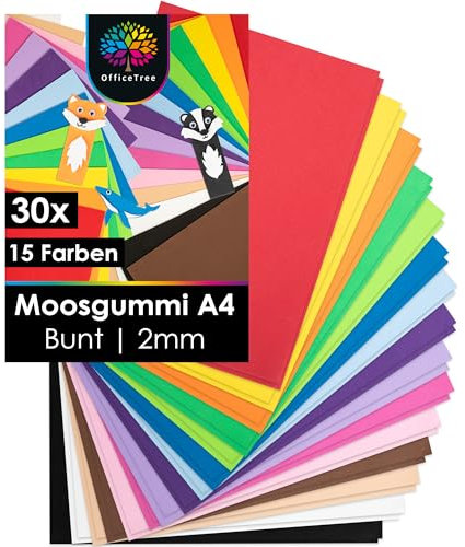 OfficeTree 27x Bögen Moosgummi 2mm - 15 Farben - Moosgummi Platten A4 nicht selbstklebend - Schaumgummi Basteln - Schaumstoff zum Basteln - Moosgummi A4 für DIY Bastelarbeiten
