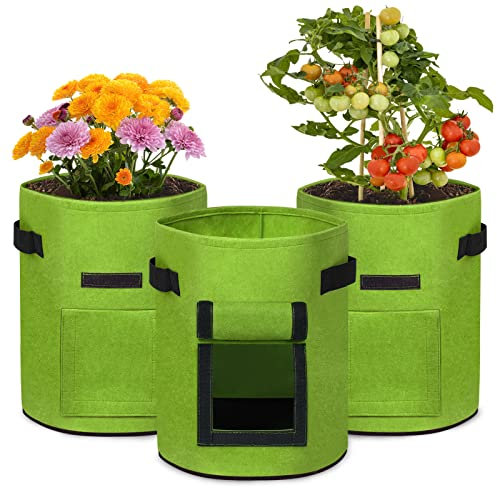 HENGMEI 3 Stück Pflanztasche aus Vliesstoff 27L Kartoffel Pflanzsack Pflanzbeutel mit Griffen und Sichtfenster für Balkon Pflanze und Gemüse (Grün)