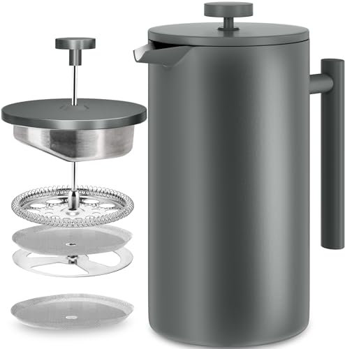 KICHLY Cafetière à Piston en Acier Inoxydable - Machine à Expresso et à thé avec Triple Filtres - Verre Résistant à La Chaleur avec Piston en Acier - Cafetière Portable - 34 Oz (1,0 Litre) - Gris
