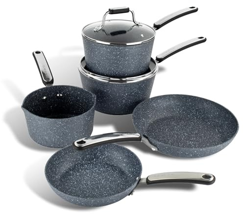 Scoville Expert Neverstick+ 4+1 Piece Cookware Set - Non-Stick Pans Set, 16cm Milk Pan, 18/20cm Saucepans, 20/24cm Frying Pans, Suitable for All Hobs, PFOA Free, Dishwasher Safe, Aluminium, Grey