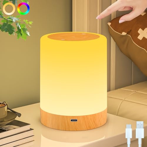 LED Nachttischlampe, Nachtlicht Kinder Touch Dimmbar, RGB Holzmaserung Nachtlicht USB Aufladbar,Tischlampe mit Timing Funktion, Tragbare Nachtlicht Baby für Schlafzimmer Wohnzimmer Kinderzimmer