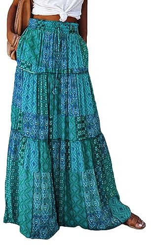 Felcia Women's Bohemian Maxi Skirts Vintage Elastic High Waist Floral A Line Skirts Tiered Long Skirts with Pockets (A-Green, XL)
