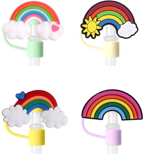 4 tapas de popote Amreich para vasos Stanley y Yeti de 30 y 40 onzas, bonita decoración de silicona para pajitas de 10 mm, diseño de arco iris