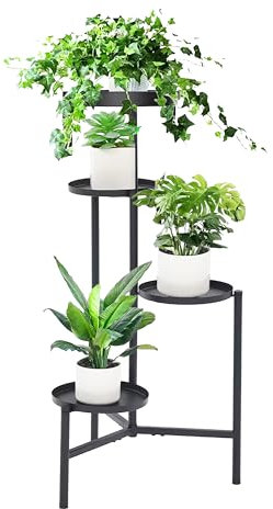 HUSFITLY Plant Stand, 4 Tier Metal Plant Stands Indoor Outdoor, Tall Flower Stand Plant Shelf for Garden Balcony Yard Living Room, Black