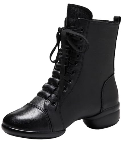 Amtopiyo Donna Vera Pelle Danza Jazz Stivaletti Suola Divisa Allacciatura & Cerniera Laterale Scarpe da Ballo SH050 Nero EU37.5=CN38