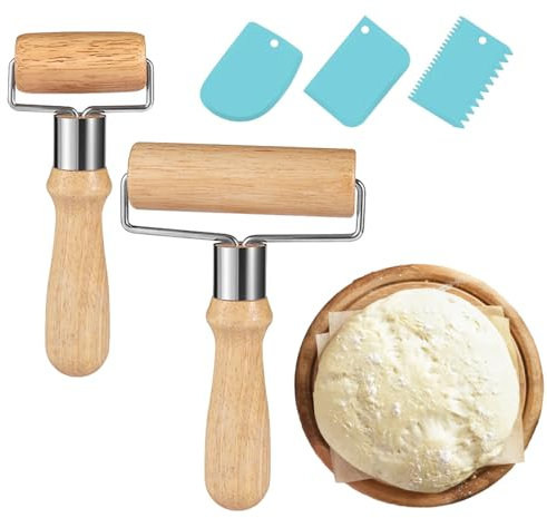2 Stück Teigroller Holz,Kleine und Mittlere Rolling Pin,Nudelholz Klein mit 3 Stück Teigschaber,Teigausroller,Teigroller Klein,Nudelholz Holz,T-förmige Rollstab für Kuchen Pizza Backen Fondant Cookie