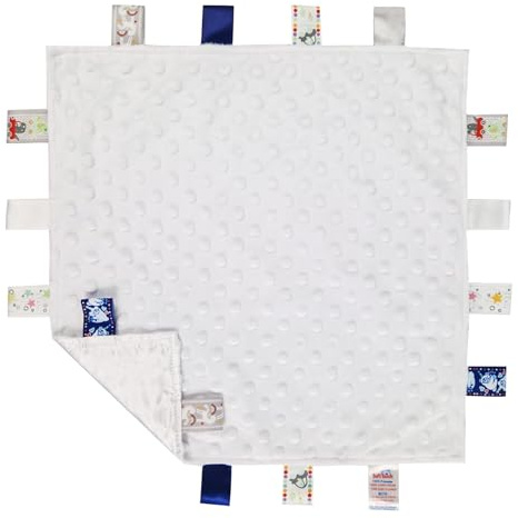 Soft Touch Taggie Dimple Comforter Baby Comfort Blanket with Sensory Tags and Bubble/Heart/Star/Foil Print Pattern (White Bubble Dimple)