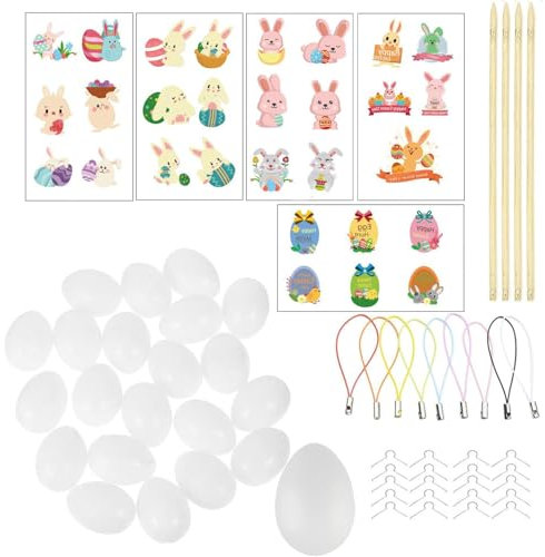 ASOENTIWOX 124pcs Easter Eggs Decorations Set, 25 DIY Eggs + 25 Easter Egg Hangers + 29 Easter Rabbit Stickers + 25 Bamboo Skewers, Easter Crafts for Kids, Easter Decorating