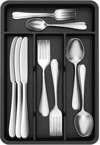 Lifewit Portaposate da Cassetto, Organizer Posate da Cassetto, Porta Posate Cucina Cassetto,19.8x31.5cm, Contenitore per Posate per Cucchiai, Forchette, Coltelli, Stoviglie, 4 Scomparti, Nero