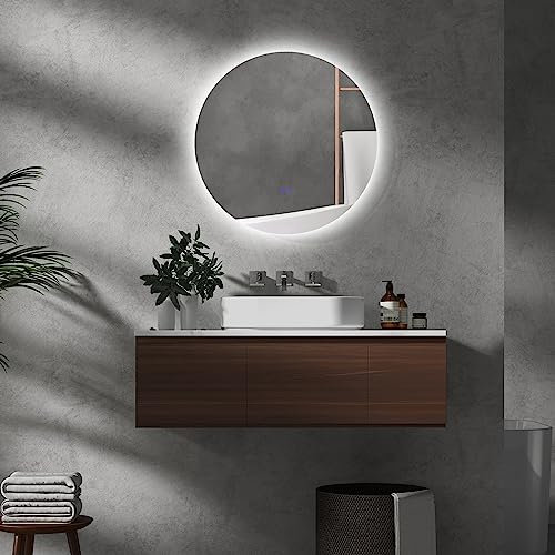 kleankin Specchio da Bagno Rotondo 70cm con Luce LED a 3 Colori, 3000-6500K, Interruttori Touch, Specchio da Parete Retroilluminato con Luminosità Regolabile, Funzione Memoria e Antiappannamento, IP44