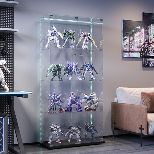 BPKADHY Vitrina de cristal con iluminación LED, de pie con 4 estantes y 2 puertas de cerradura, ideal para salón, oficina, coleccionables y libros