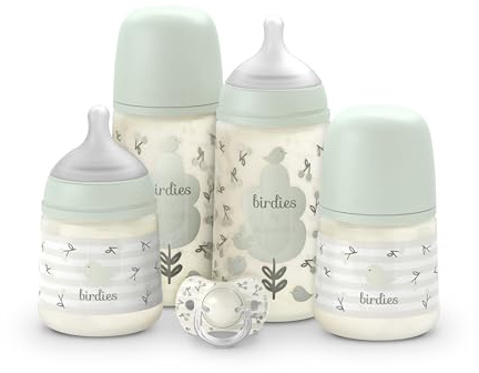Suavinex, Set di Biberon per Neonati, Confezione Regalo: 2 Biberon da 270 ml + 2 Biberon da 150 ml + Ciuccio 0-6 Mesi, Tettarelle Fisiologiche SX Pro in Silicone, 5 Pz, +0M, Birdies Verde