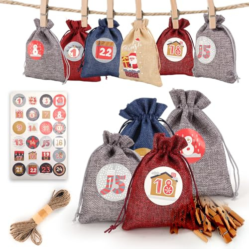 Make/Fill Your Own Empty Advent Calendar Bags Kit 2025, 24 Pcs Fillable Christmas Fabric Countdown Calendar, Diy Reusable 1-24 Countdown Bags For Best Gifts Uk Decoration (colourful)