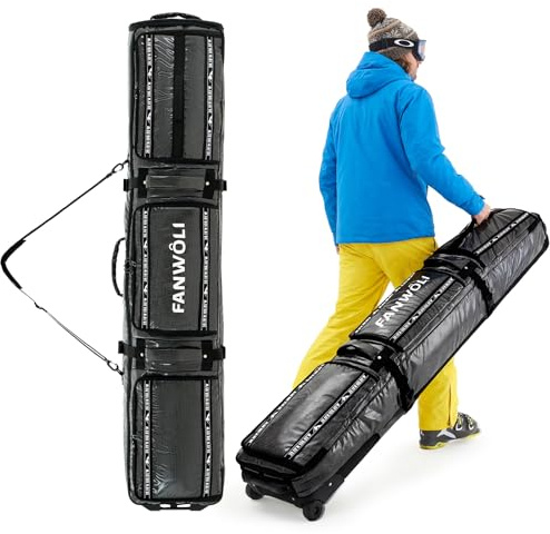 Fanwoli Ski Snowboard Bag with Wheels | Fully Padded Ski Bags for Air Travel | Fits 175-185cm Skis/Snowboard & US 13 Boots | 900D Waterproof TPU & Shoulder Strap | Expandable & Foldable (L)