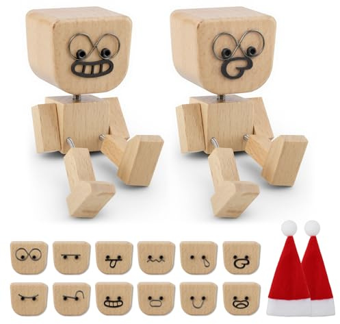 beuhugas 2PCS Shaking Feet Wooden Doll, Tiny Wooden Shaking Man Doll with Spring Legs with 12pcs Magnetic Expressions Funny Cars Ornaments Wood Desktop Decor, Car Dashboard Accessories