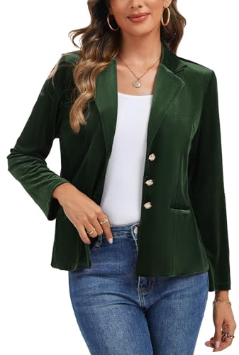 Kyzoeyou Women's Velvet Blazer Suit Casual Long Sleeve Jacket Classic Notched Collar Workwear Three Button Closure Office Formal Suits(Army Green Medium)