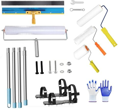 Juego de herramientas de revestimiento de suelo para suelos autonivelantes, con mango telescópico de 160 cm, rascador de suelo, rodillo de púas, zapatos de púas, 1 par de guantes, juego de