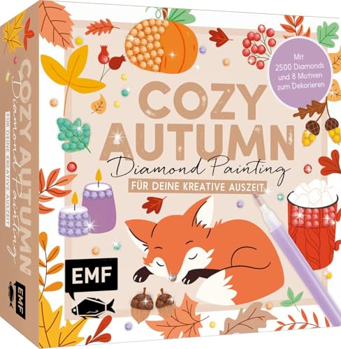 Cozy Autumn Diamond Painting - DIY-Set für deine kreative Auszeit: Mit 8 Motiven zum Dekorieren und Verschenken, 2500 Diamanten in 7 Farben und Applikationsstift