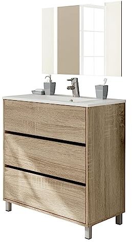 MUEBLES PITARCH | Ensemble Meuble de Salle de Bain avec lavabo en céramique et Miroir Inclus, 3 tiroirs, Largeur 80cm, avec Pieds, Blanc, pour lavabo encastré, Style Moderne, modèle Kalma
