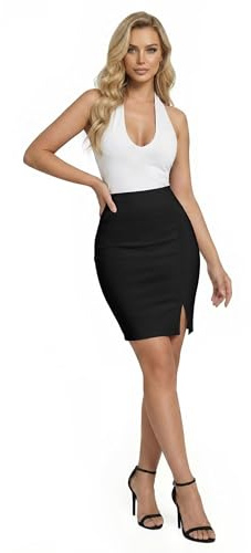 Hybrid & Company Women Pencil Skirt Premium Ponte Basic Solid Stretch above Knee Side Slit KSK45012 1073T Black M