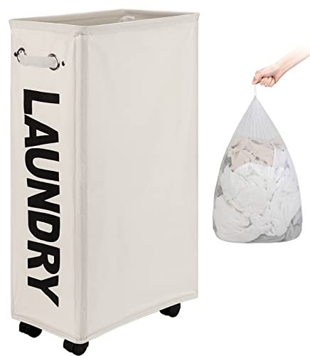 DOKEHOM 29-Inches Enlarged Slim Cesto per la Biancheria con Sacco Lavabile Rimovibile su Ruote, Cesto per la Biancheria con Ruote Pieghevole, Contenitore Angolare Stretto Pieghevole (Beige)