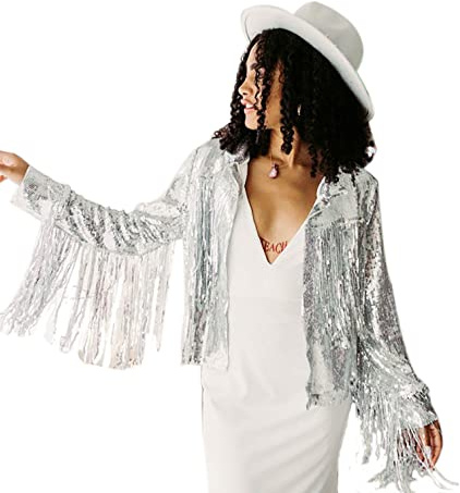 Watchify Veste à franges à paillettes sur le thème disco Country Dolly Tendances nuptiales 2022, Veste à paillettes UK 16/20, taille unique