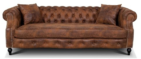 Brown Faux Leather Chesterfield Sofa – Luxury 3 Seater Sofa with Deep Button Tufting, Solid Wood Legs & Accent Cushions – Elegant Leather Style 3 Seater Sofas for Living Room, Stylish Brown Couch for