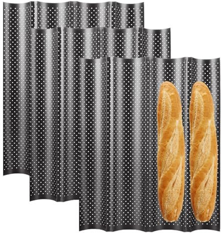 WOPPLXY 3 Pièces Moule a Baguette de 4 Créneaux, Noir Moule Baguette Four de 38 x 32cm, Moule à Pain en Acier au Carbone pour 4 Baguettes