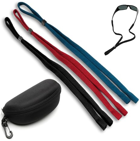 Pack 3 Cordon Sujeta Gafas Deportivas para Hombre y Mujer - Cordones Cuerda Cordón Cadena Cinta Ajustable Antideslizante con Hebilla para Lentes Lectura o Deportivo - Glasses Grip + Funda semirígida