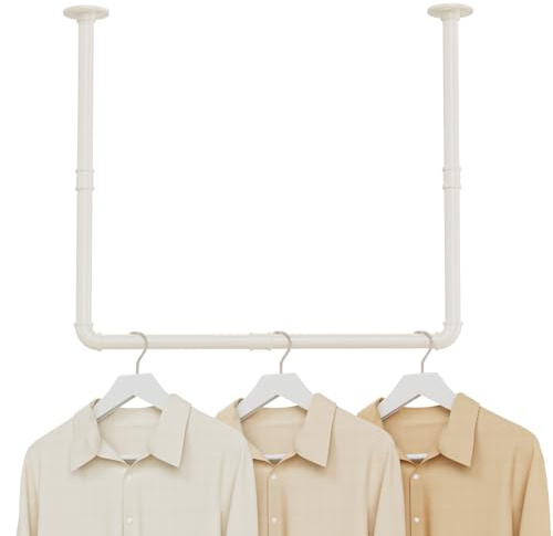 YheenLf Juego de 1 Perchero de Pared Industrial, Barra de Armario para Ropa, Dos Modos de Instalación, Ahorro de Espacio, Perchas Murales 120 cm, Montaje en Techo 69×60cm, Beige