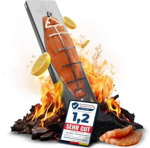 Naviable Edelstahl Flammlachshalter für Feuerschalen & Kugelgrills – Testsieger - 5-stufig verstellbares Grillbrett für perfektes Flammlachs und Fisch - Grillen bei Camping & Grillpartys