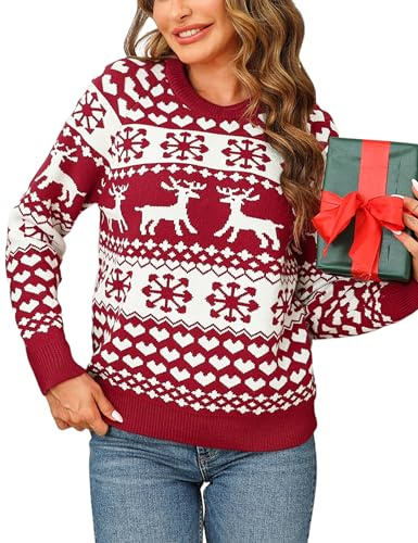Leversic Suéter Navidad Mujer Jersey Invierno Suéter de Punto de Invierno con Reno Navideño Cuello Redondo Copos de Nieve Top Navideño(Rojo,L)