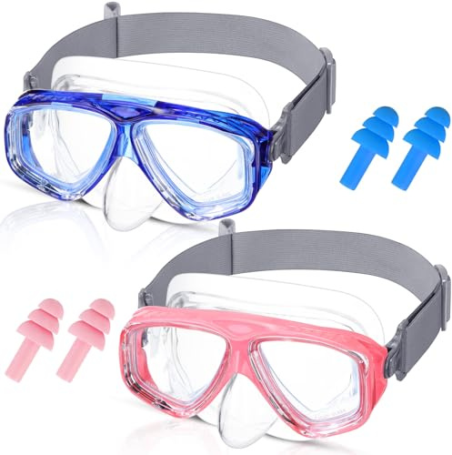 Flutesan 2 Pack Kids 6-14 Swim Goggles with Nose Cover Diving Mask Fabric Strap with Earplugs Swimming Goggle Waterproof Clear Snorkel Goggle(Blue, Pink)