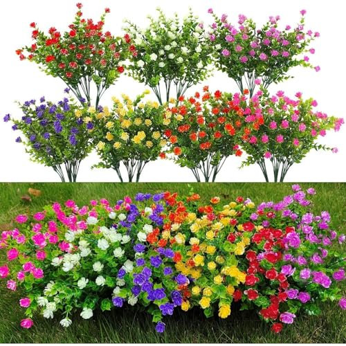 7 Pezzi Artificiale Piante,Fiori Finti Artificiali,Arbusti Artificiali Realistici e Naturali Anti-UV,Bouquet di Pianta Finta per Decorazioni Cimitero, Giardino, Vasi, Finestra, Casa (Multicolore)