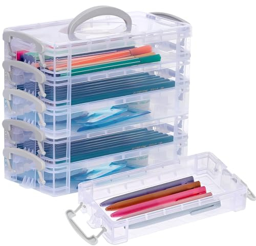 Qualsen 6 st. pennlådor med handtag, pennförvaringslådor set, stapelbara, genomskinliga pennor organisatör för brevpapper, penslar, akvarellpennor, för kontor och hem, 22 x 10 x 4 cm