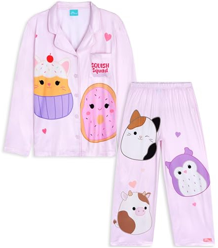 Get Trend Squishmallows Pijama Invierno Niña y Adolescente, Ropa de Dormir con Camiseta Botones y Pantalón Largo, Regalo Original (7-8 Años, Multi Squishmallows)