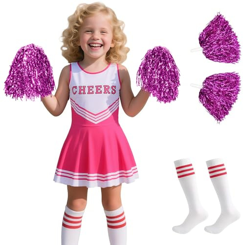 XonyiCos Cheerleader Costume for Girls, Cheerleading Outfit for Kids Dress with Pom Poms for Halloween 3-12 Year (Pink, XL)