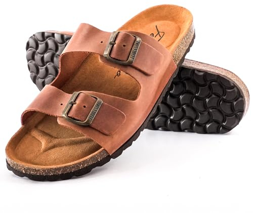 Ferrando Sandalias Hombre Chanclas Piel Nobuk Bio Anatómicas Cómodas Corcho Natural Verano Transpirables Antideslizantes (Marrón, Sistema tallas calzado EU, Adulto, Hombre, Números, Ancho, 45)