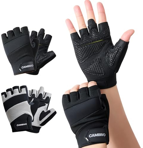 CAMBIVO Guantes Gimnasio para Hombre y Mujer, Antideslizantes con Amortiguación, Guantes de Fitness Transpirables y Ergonómicos para Entrenamiento de Fuerza, Cross Training y Pesas, Negro, L