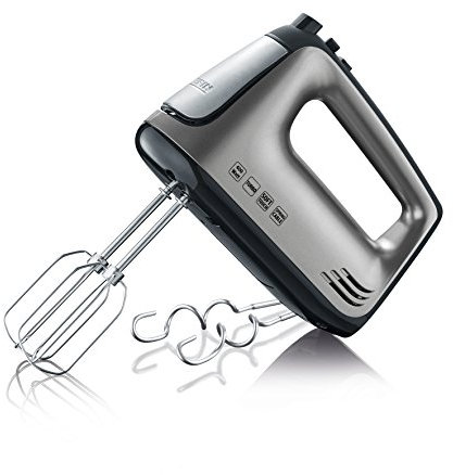 SEVERIN Handmixer, Handrührgerät mit 5 Geschwindigkeitsstufen, praktischer Handrührer mit 2 Edelstahl-Rührbesen und -Knethaken, 400 W, grau-metallic-schwarz / Edelstahl, HM 3832