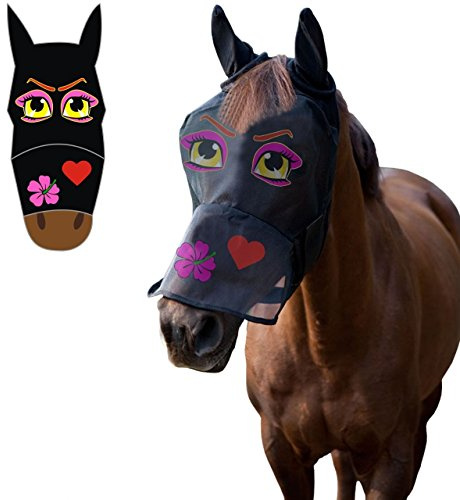LTG PRO Horse Pony Fly Mask Full Face – Cartoon Funny Print Breathable Mesh with Ears Nose Protection, Anti-Rub Eye Darts, UV Insect Shield – Pony/Cob/Full Sizes (Cartoon Pink Eyes, Pony)