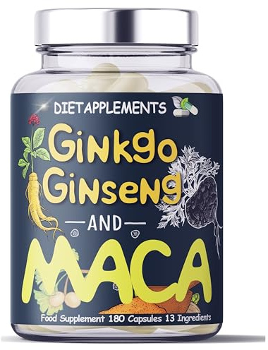 Maca Root 4000mg, Ginkgo Biloba, Korean Red (Panax) Ginseng - 4256mg - Vegan Capsules - Zinc, Vitamins D3, E, B5, B6, B12, A, K, Folic Acid, Selenium for Immune System & Hormonal Activity. 1 Bottle
