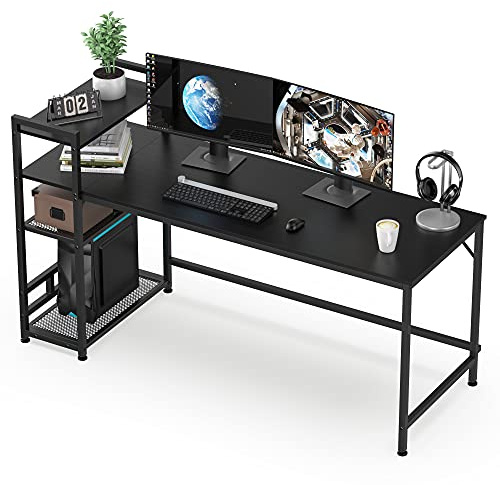 HOMIDEC Desk, 160x60cm Computer Desk with Bookshelf, 110cm Height Study Computer Laptop Table with 4 Tier DIY Storage Shelves Writing Table for Home Office Bedroom