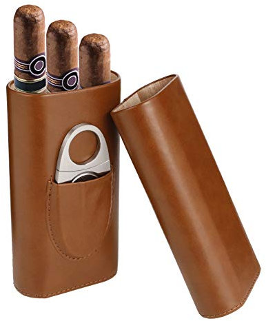 Xinzistar 3 Tubes Cigar Case Humidor Cigar Box with Stainless Steel Cigar Cutter, Leather Humidors with Cedar Wood Lining Cigar Holder Storage Accessories for Travel Outdoor (Brown)