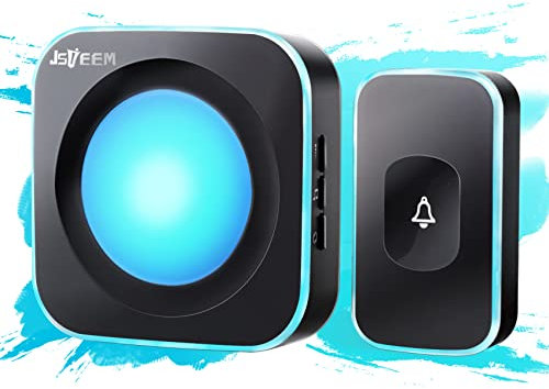 Jsieem Sonnette de porte sans fil à 305 m de portée avec lumière clignotante, 4 niveaux de volume, 36 mélodies pour la maison, le bureau, la salle de classe (1 récepteur et 1 bouton noir)