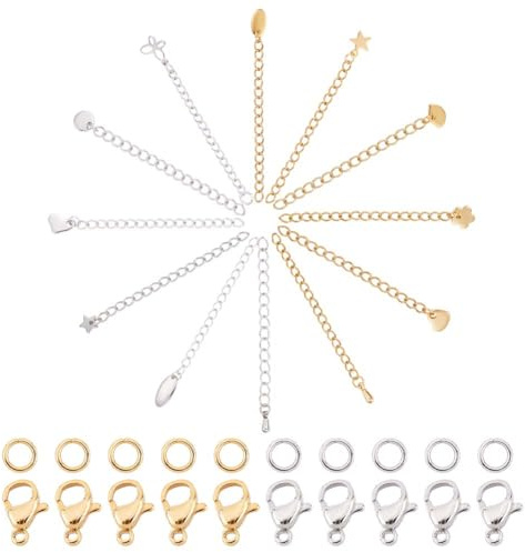 UNICRAFTALE 24 Fili 12 Stili Estensori per Catena in Acciaio Inossidabile 30pz 2 Colori Moschettoni A Forma di Aragosta e 30pz 2 Colori 3.4 mm Anelli di Saltousi Ma Non Saldati per Forniture